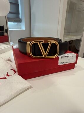 Valentino Black Leather Belt with Gold V-Logo Buckle